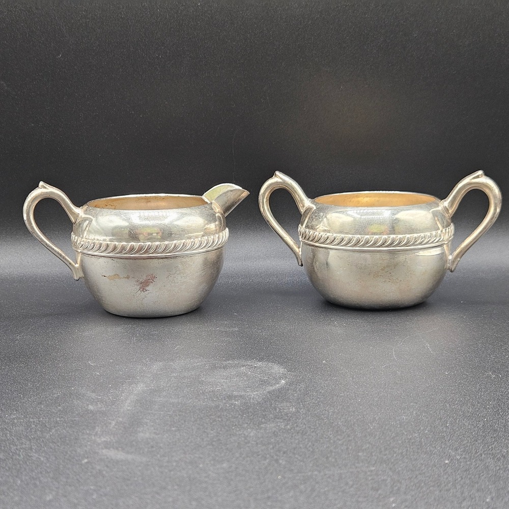 FB Rogers Silver Co Silver Plate Creamer and Sugar Bowl Set Rope Twist